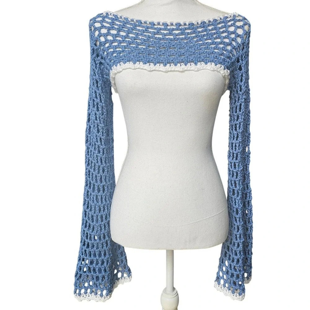Handmade‎ Crochet Fairycore Shrug | Women | Blue | SM-MED | Boho | Bell Sleeve